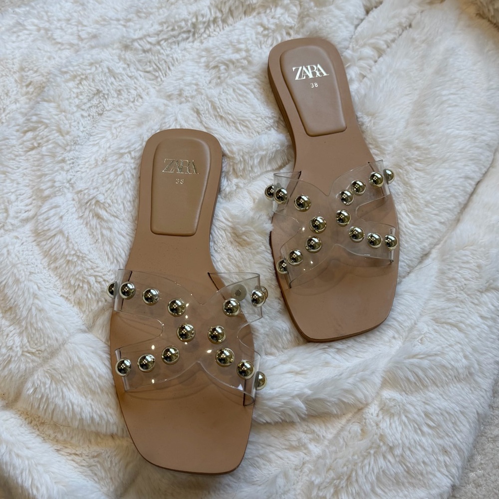 Zara Beige Clear Studded Slide Sandals - Picture 4 of 11